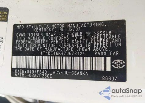 2007 Toyota Camry Ce from USA, damaged, VIN 4T1BE46K47U673124